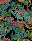 A wallpaper pattern featuring a dark botanical design with snakes, pink flowers, and green leaves on a deep black background, creating a dramatic, nature-inspired look.