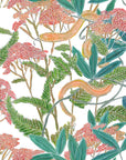 A wallpaper design with a botanical and snake motif in white, green, and pink, featuring a fresh and airy pattern with intricate plant details.