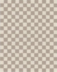 Neutral taupe and white checkered grasscloth wallpaper with a soft, woven texture, creating a classic and understated look.