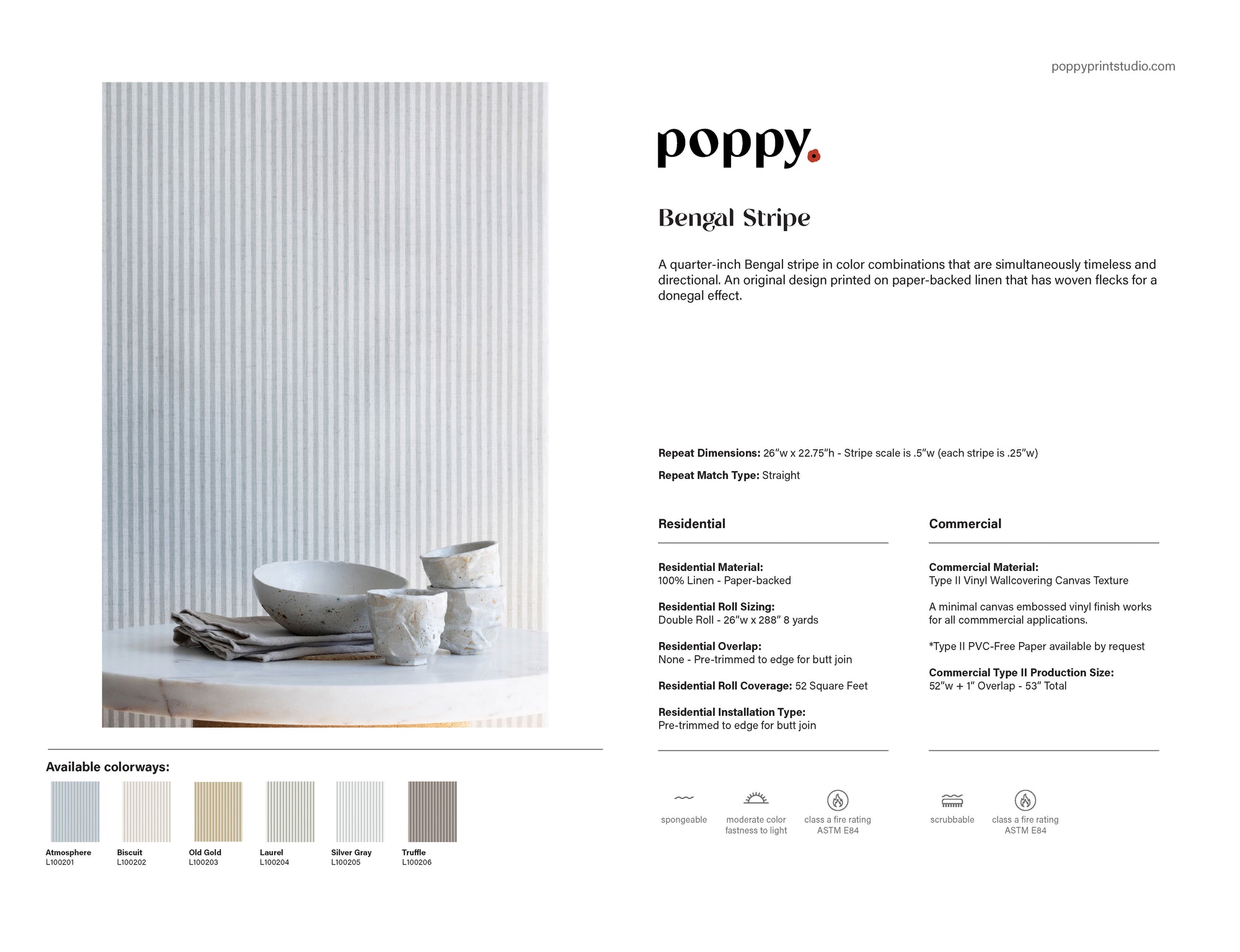 Product information sheet for Poppy Print Studio's "Bengal Stripe" wallpaper, featuring a quarter-inch vertical stripe pattern in neutral tones, with a styled installation photo, material specifications for residential and commercial use, and available colorways displayed at the bottom.