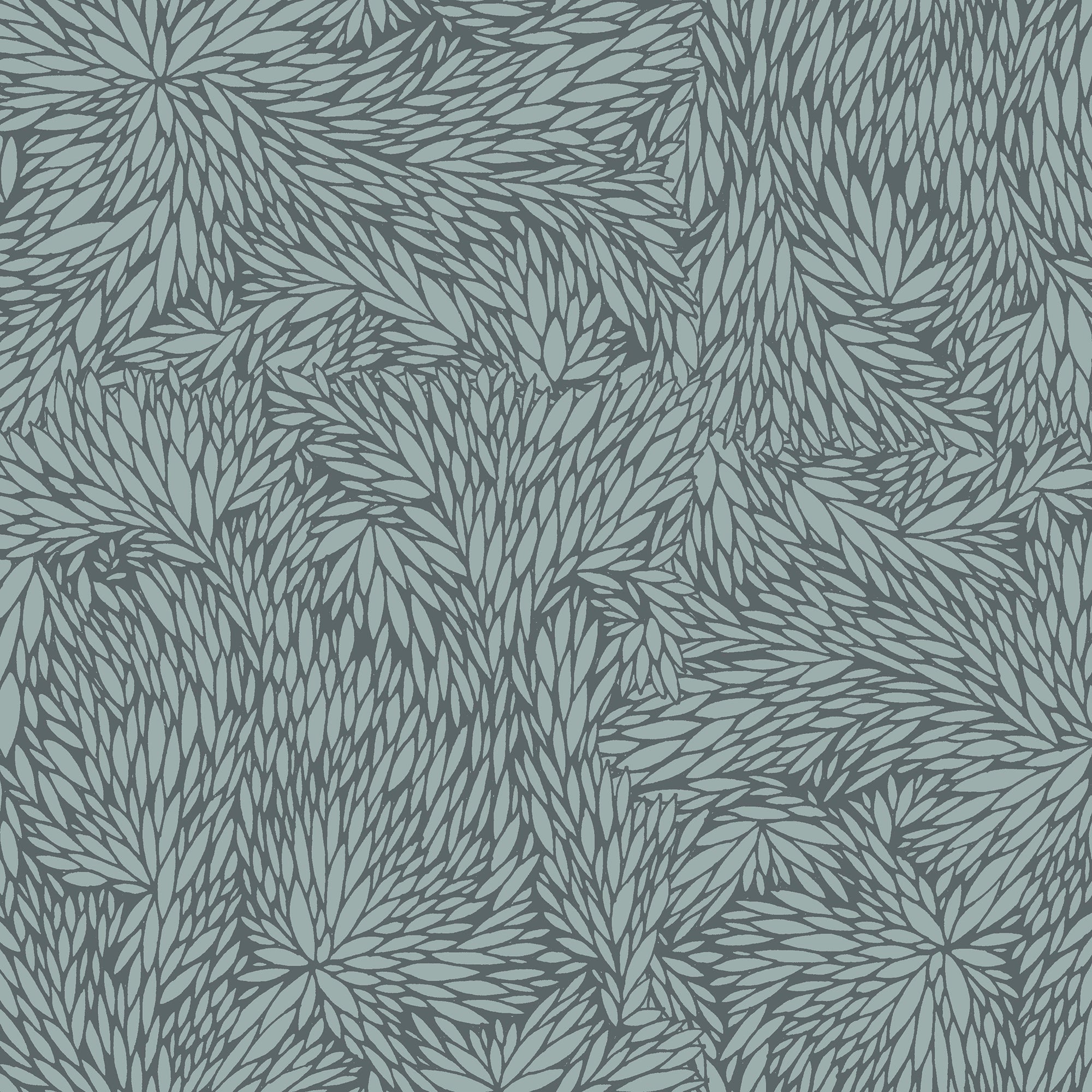 Botanical-inspired wallpaper with an intricate pattern of overlapping leaves in a soft blue and deep charcoal color palette.