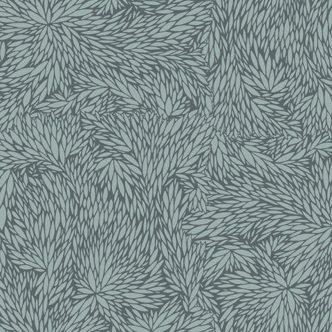 Botanical-inspired wallpaper with an intricate pattern of overlapping leaves in a soft blue and deep charcoal color palette.