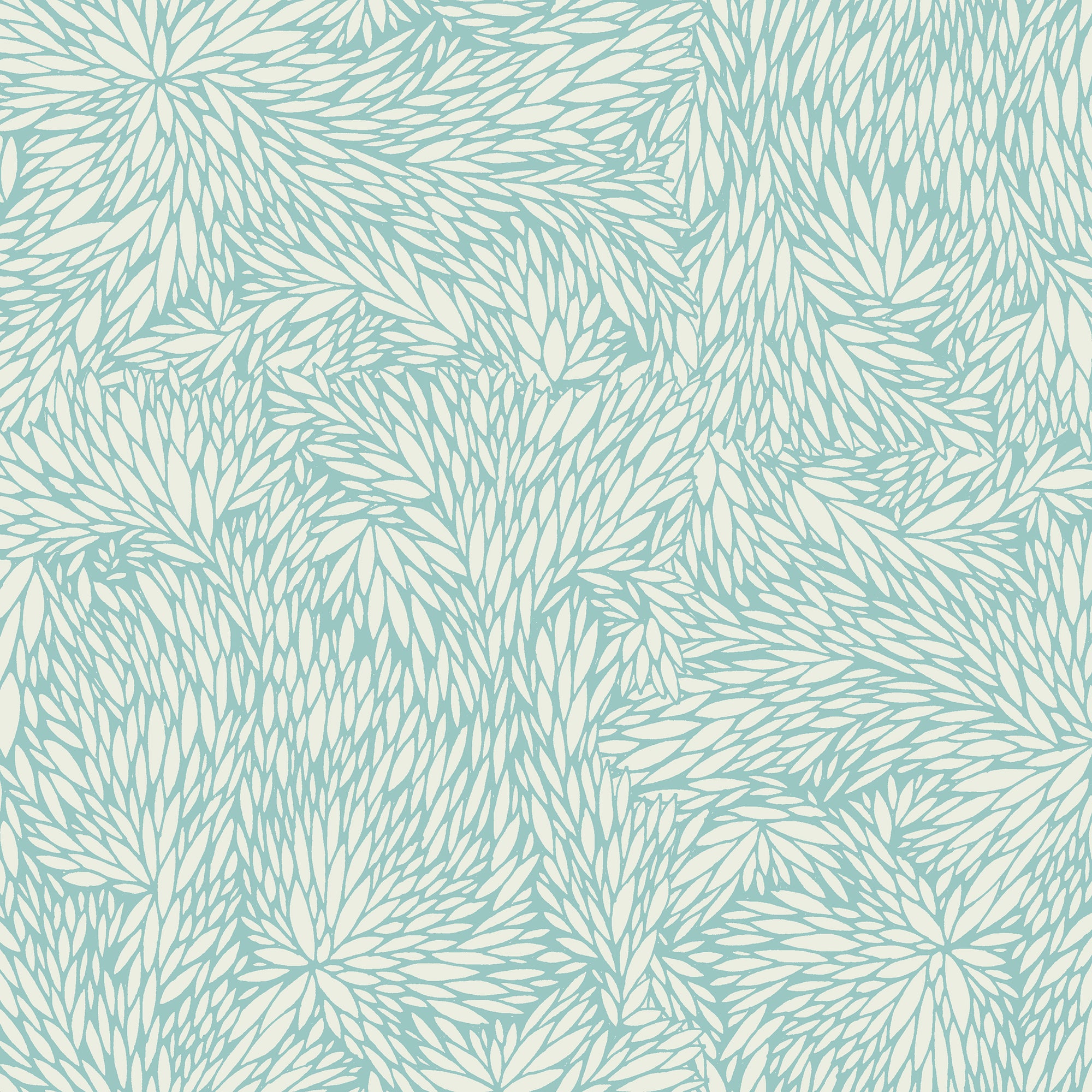 Botanical-inspired wallpaper with an intricate pattern of overlapping leaves in a soft blue and neutral color palette.