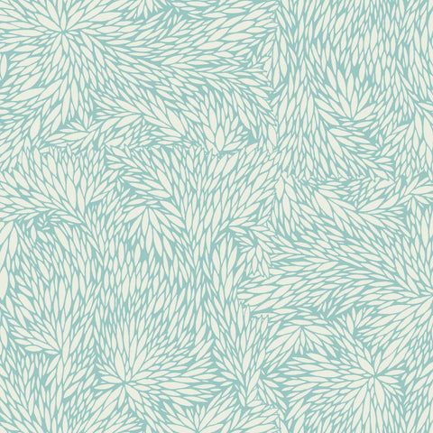 Botanical-inspired wallpaper with an intricate pattern of overlapping leaves in a soft blue and neutral color palette.