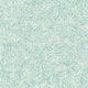Botanical-inspired wallpaper with an intricate pattern of overlapping leaves in a soft blue and neutral color palette.