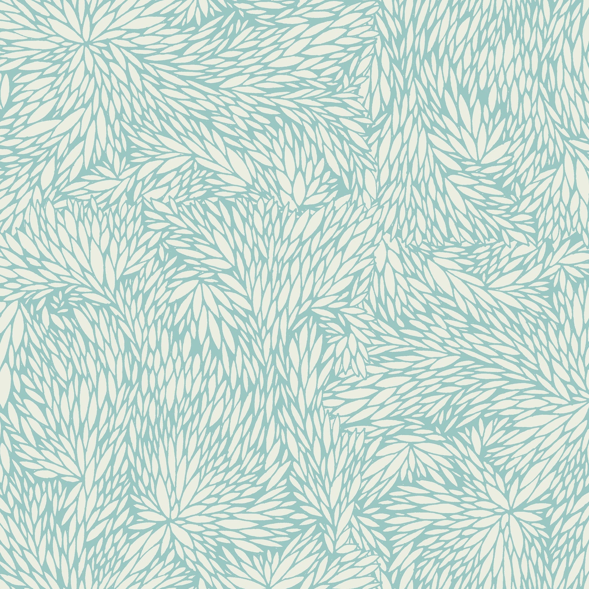 Botanical-inspired wallpaper with an intricate pattern of overlapping leaves in a soft blue and neutral color palette.