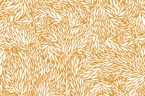 Botanical-inspired wallpaper with an intricate pattern of overlapping leaves in a warm golden hue against a crisp white background.