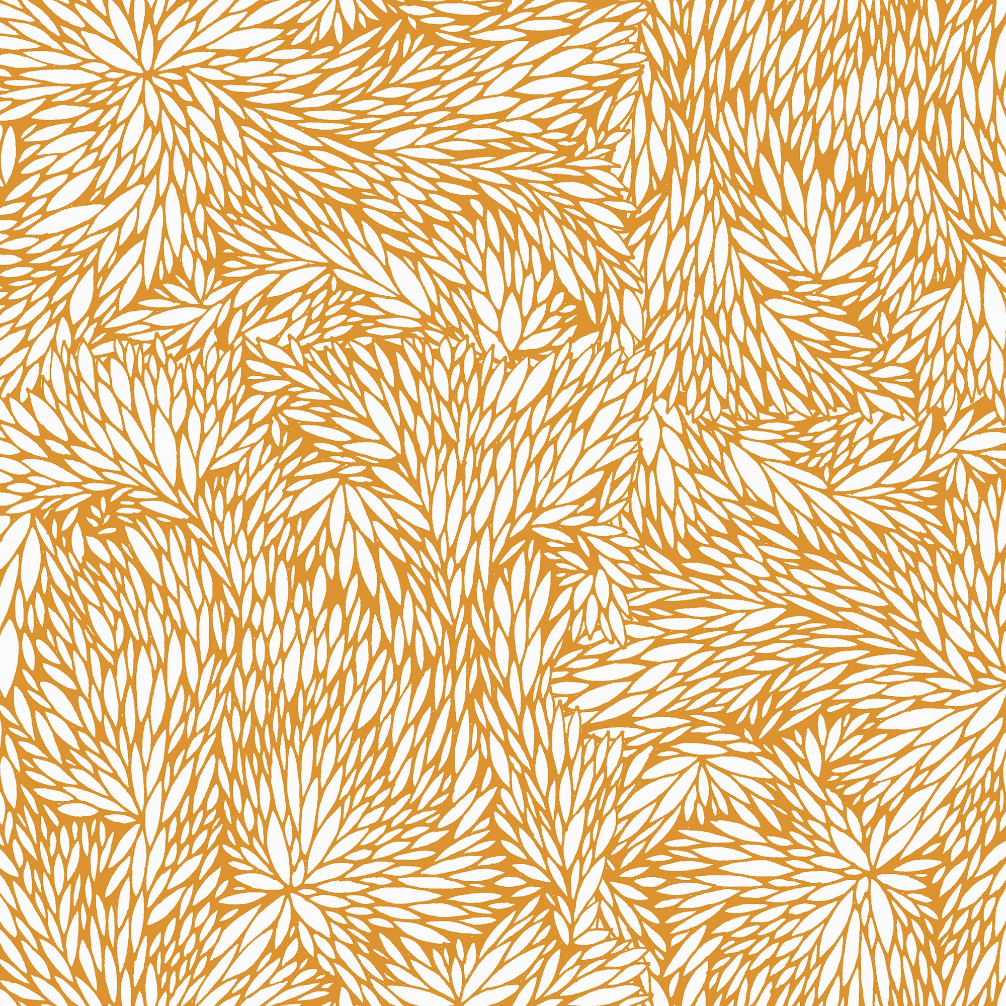 Botanical-inspired wallpaper with an intricate pattern of overlapping leaves in a warm golden hue against a crisp white background.