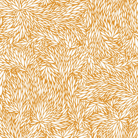 Botanical-inspired wallpaper with an intricate pattern of overlapping leaves in a warm golden hue against a crisp white background.