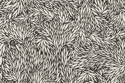 Black and white small scale botanical wallpaper with a dense, abstract leaf pattern creating a bold, high-contrast design.