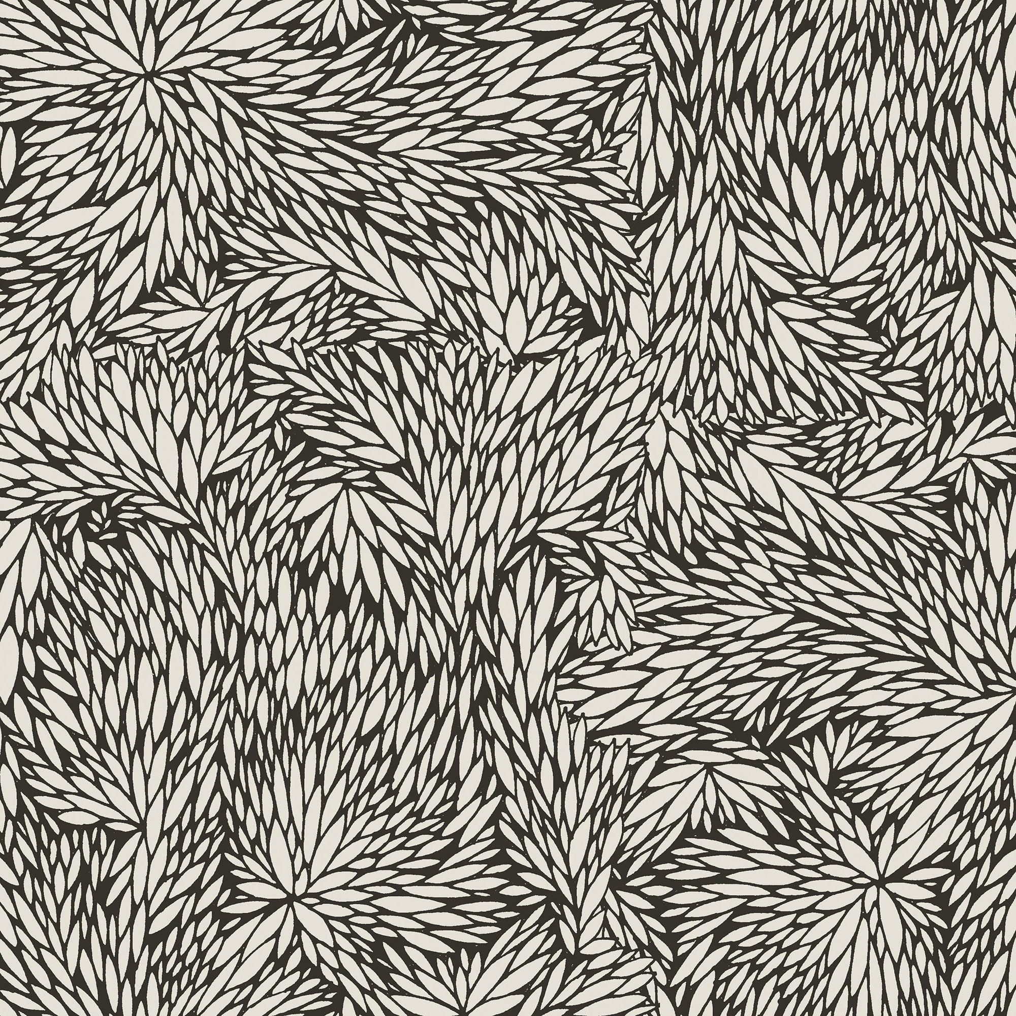 Black and white small scale botanical wallpaper with a dense, abstract leaf pattern creating a bold, high-contrast design.