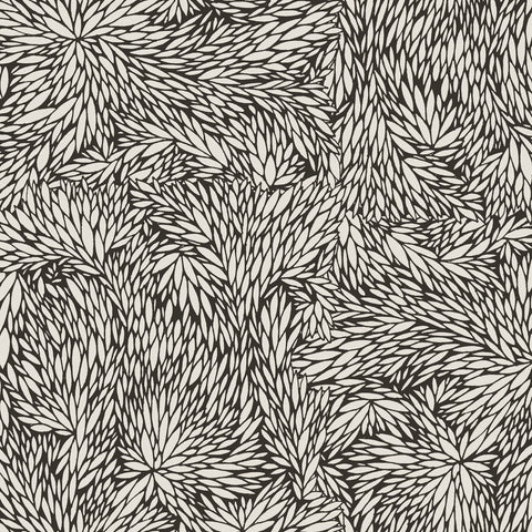 Black and white small scale botanical wallpaper with a dense, abstract leaf pattern creating a bold, high-contrast design.