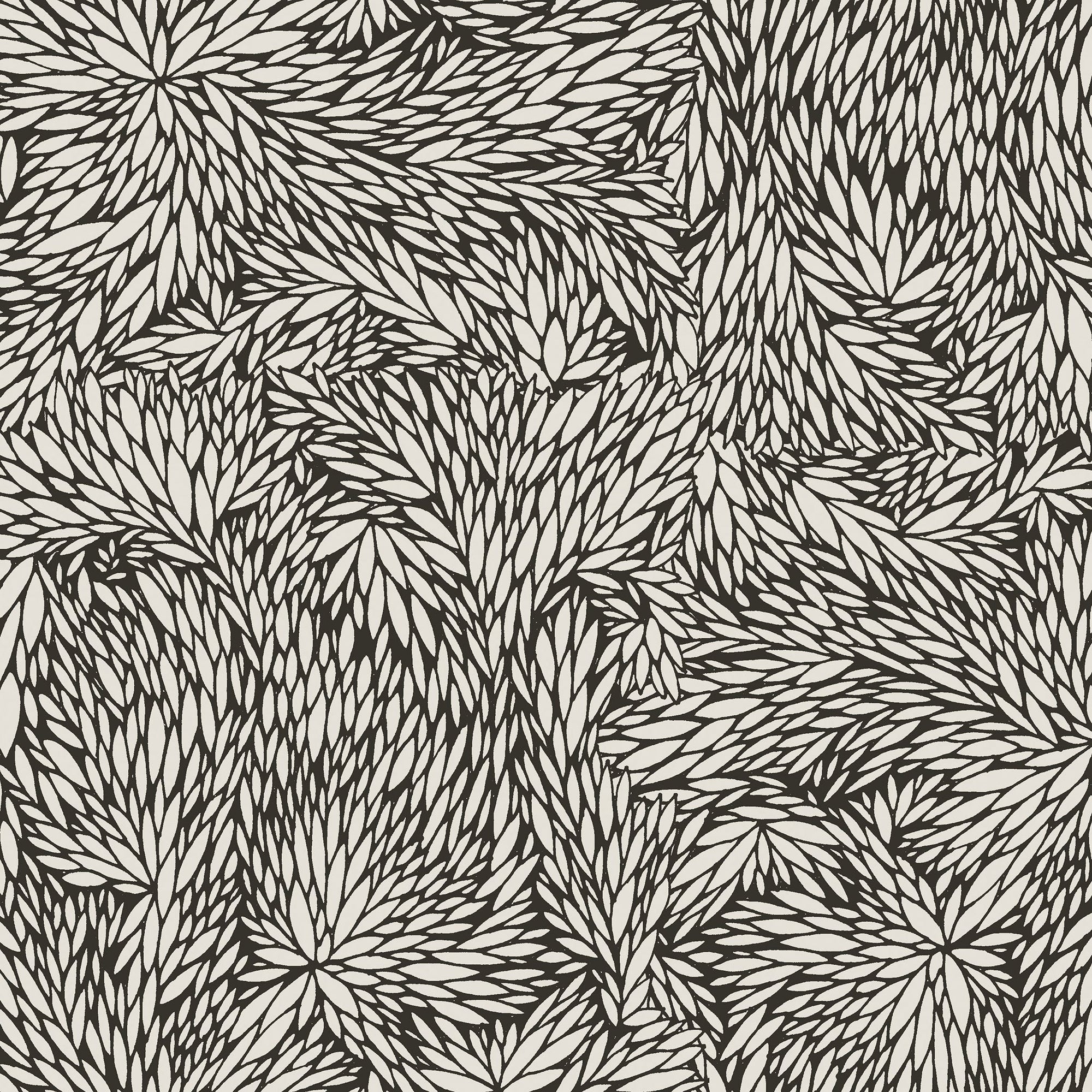 Black and white small scale botanical wallpaper with a dense, abstract leaf pattern creating a bold, high-contrast design.