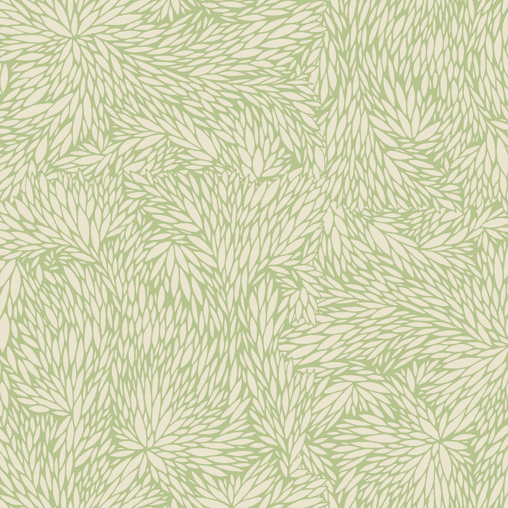 Botanical-inspired wallpaper with an intricate pattern of overlapping leaves in a light green color palette.