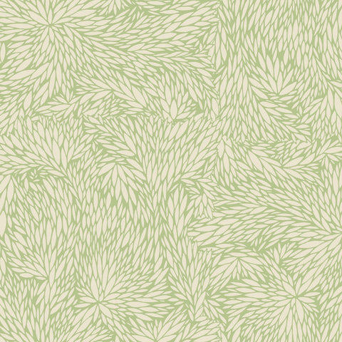 Botanical-inspired wallpaper with an intricate pattern of overlapping leaves in a light green color palette.