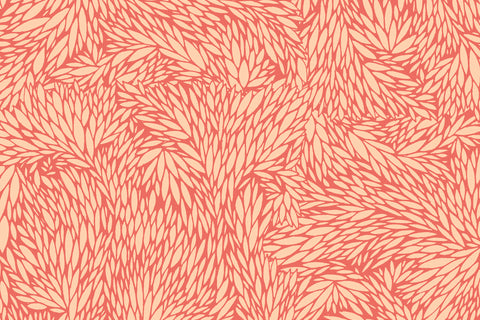 Botanical-inspired wallpaper with an intricate pattern of overlapping leaves in a warm terracotta and beige color palette.