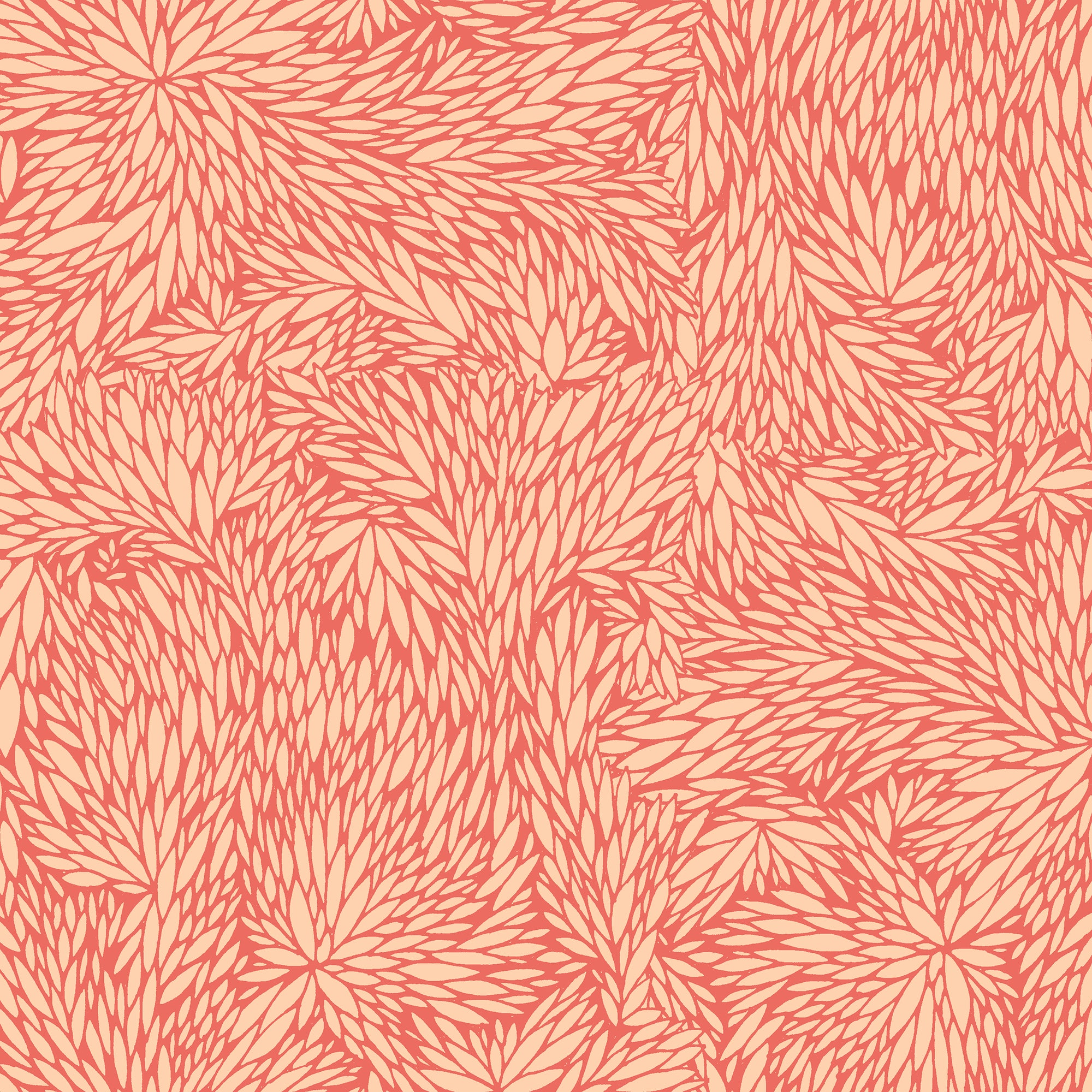 Botanical-inspired wallpaper with an intricate pattern of overlapping leaves in a warm terracotta and beige color palette.