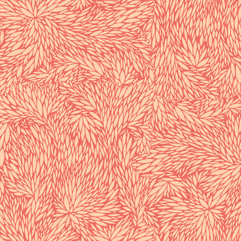 Botanical-inspired wallpaper with an intricate pattern of overlapping leaves in a warm terracotta and beige color palette.