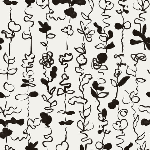 Black and white abstract floral stripe wallpaper with hand-drawn botanical elements, featuring wavy vines, leaves, and blooms in an artistic, freeform style.
