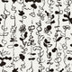 Black and white abstract floral stripe wallpaper with hand-drawn botanical elements, featuring wavy vines, leaves, and blooms in an artistic, freeform style.