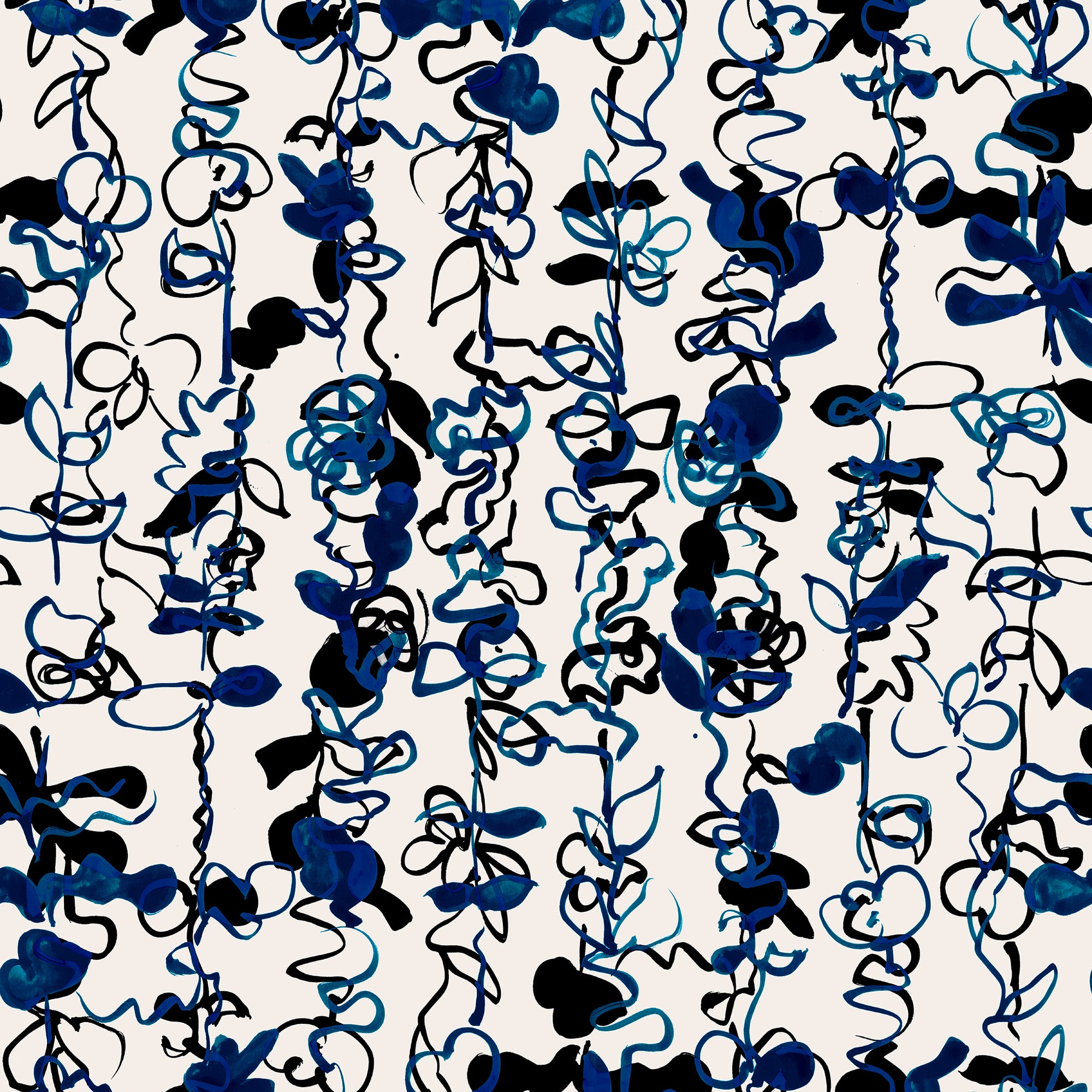 Abstract floral wallpaper with hand drawn botanical elements in deep blue and black tones on a white background, creating a dynamic and artistic design.