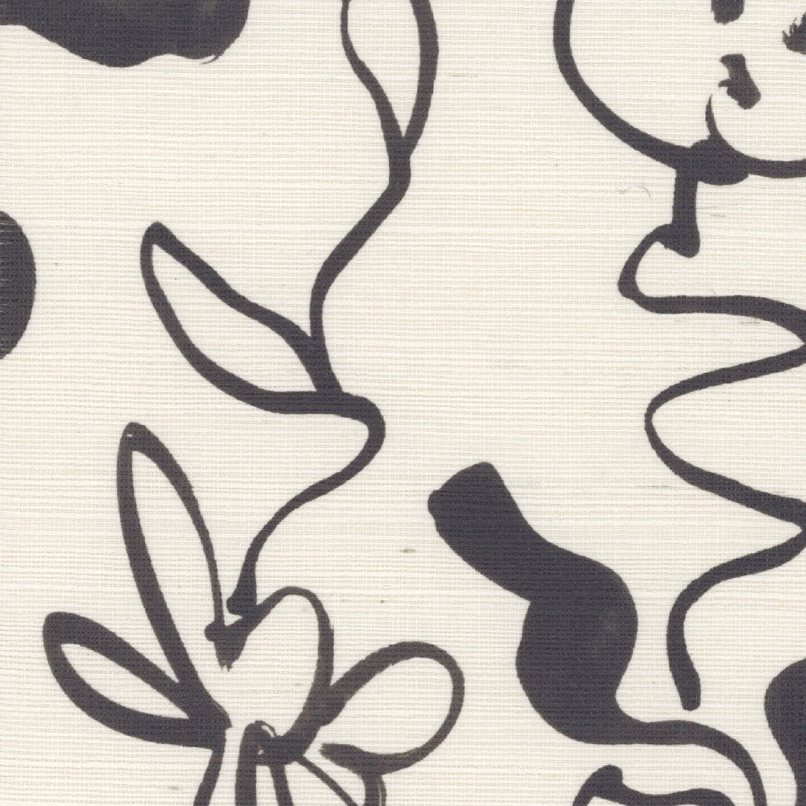 Close-up of grasscloth wallpaper featuring an black floral line drawing on a textured off-white background.