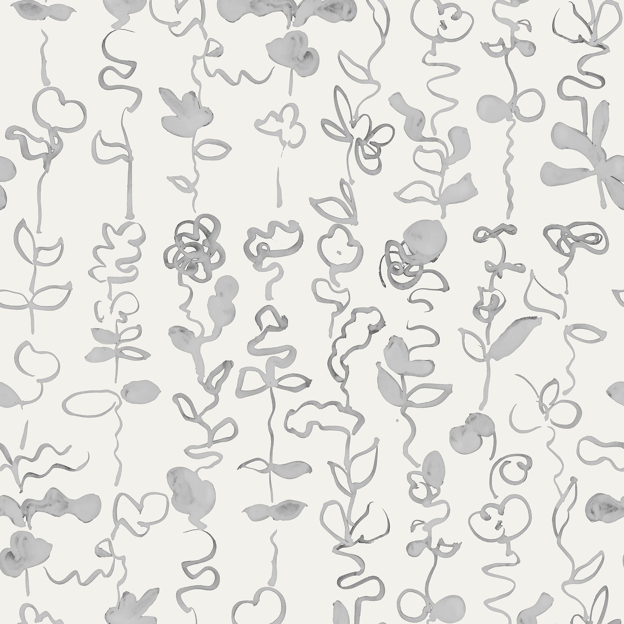 Gray abstract floral stripe wallpaper with delicate hand-drawn botanical elements, featuring vines, leaves, and flowers in a watercolor-like finish.