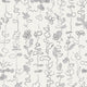 Gray abstract floral stripe wallpaper with delicate hand-drawn botanical elements, featuring vines, leaves, and flowers in a watercolor-like finish.
