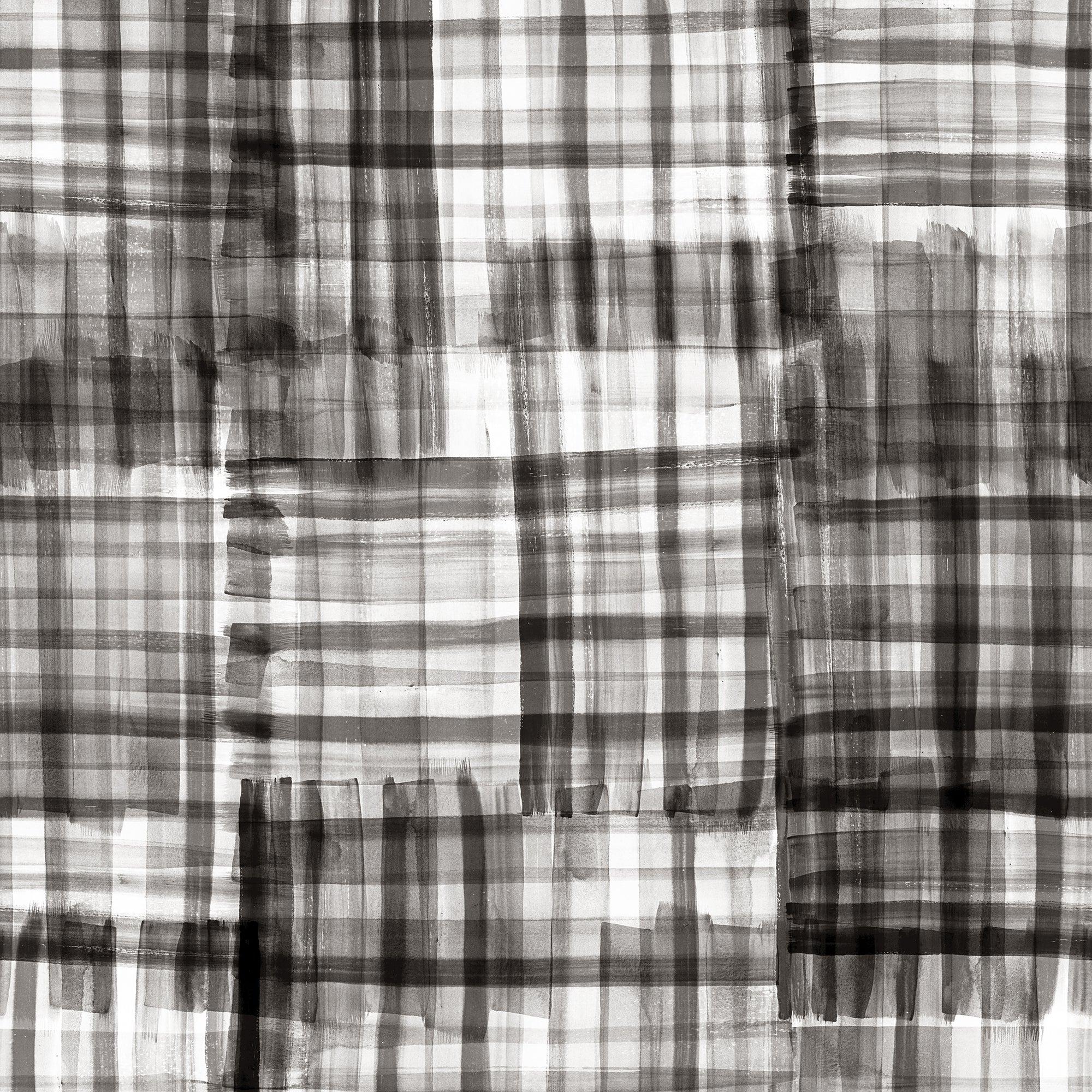 Abstract black and white plaid wallpaper with a watercolor wash effect, creating an artistic and textured grid pattern.