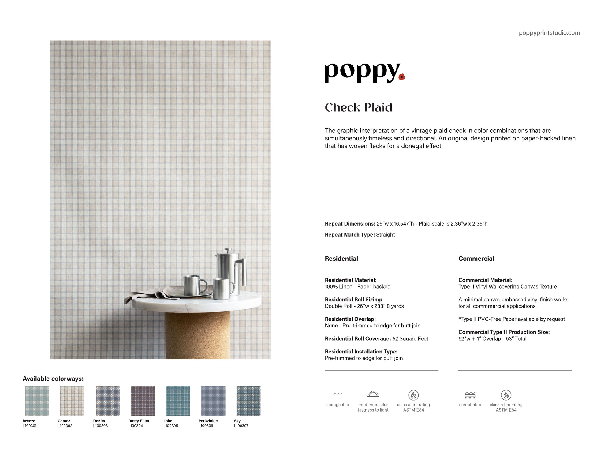 Product document for Poppy Print Studio's "Check Plaid" wallpaper, showing a small-scale vintage plaid design in soft beige and grey, alongside a styled installation image, detailed specifications for use and sizing, and colorway swatches at the bottom.