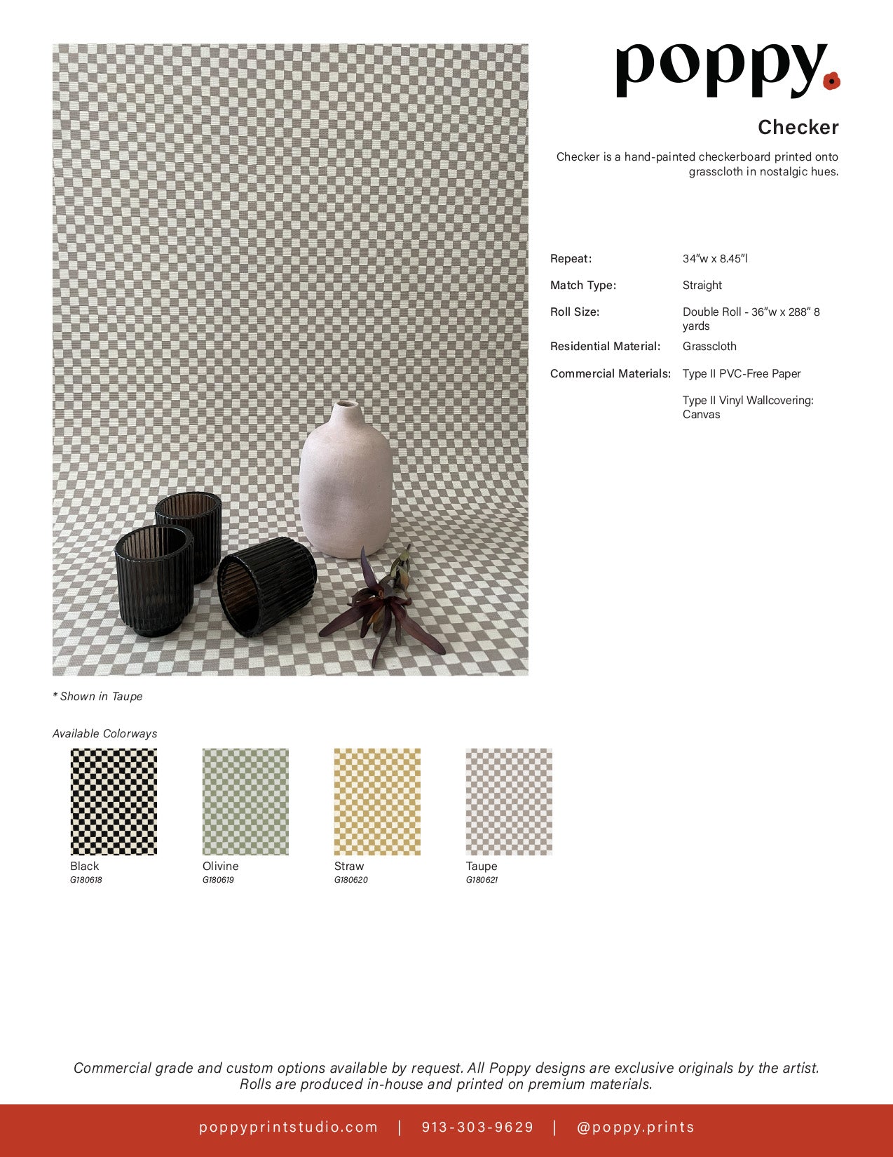 Poppy Checkers Checkered Wallpaper | Grasscloth & Contract Grade – Poppy Print Studio