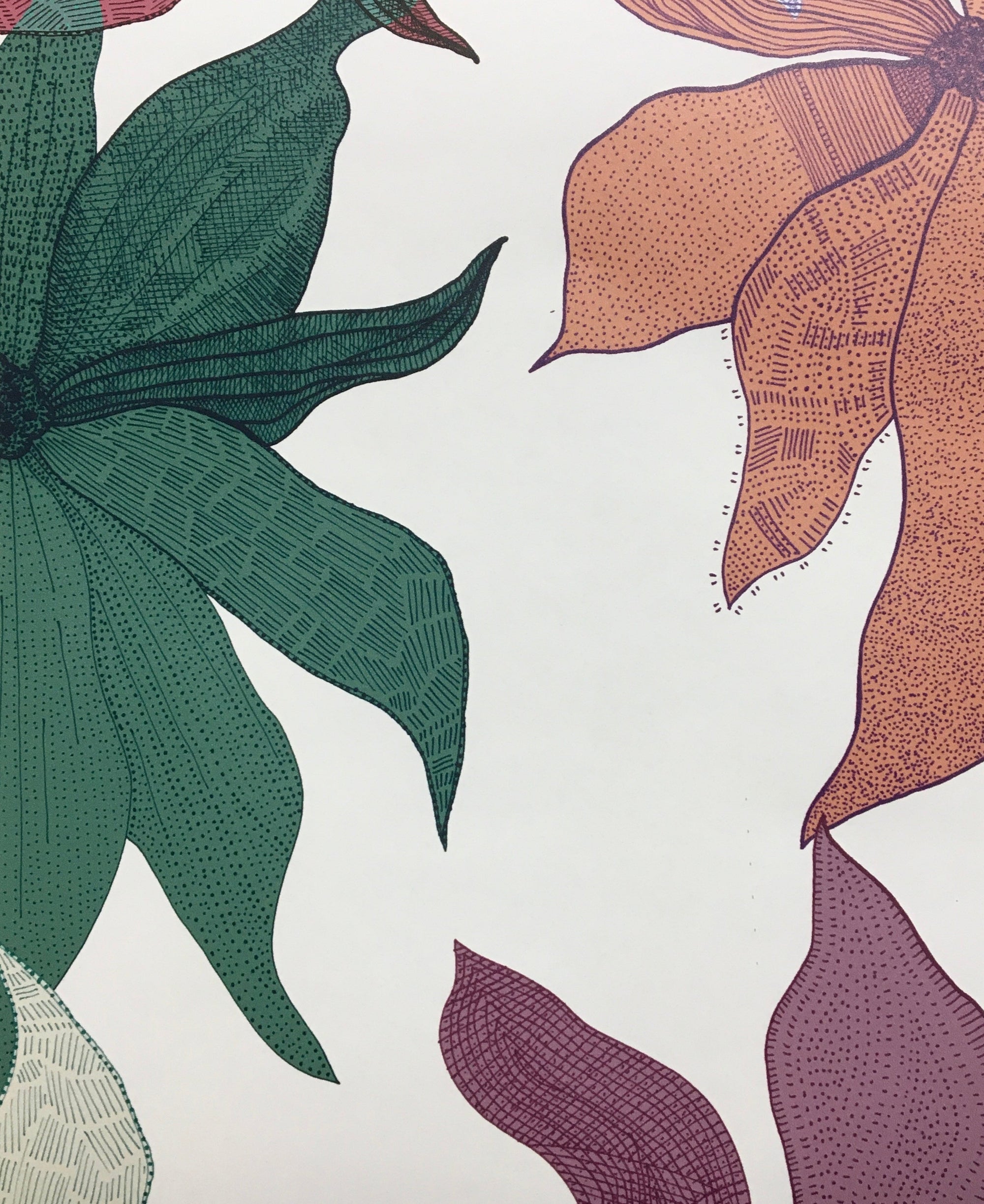 Clematis floral wallpaper with green, rust, and plum leaves on a bright white background