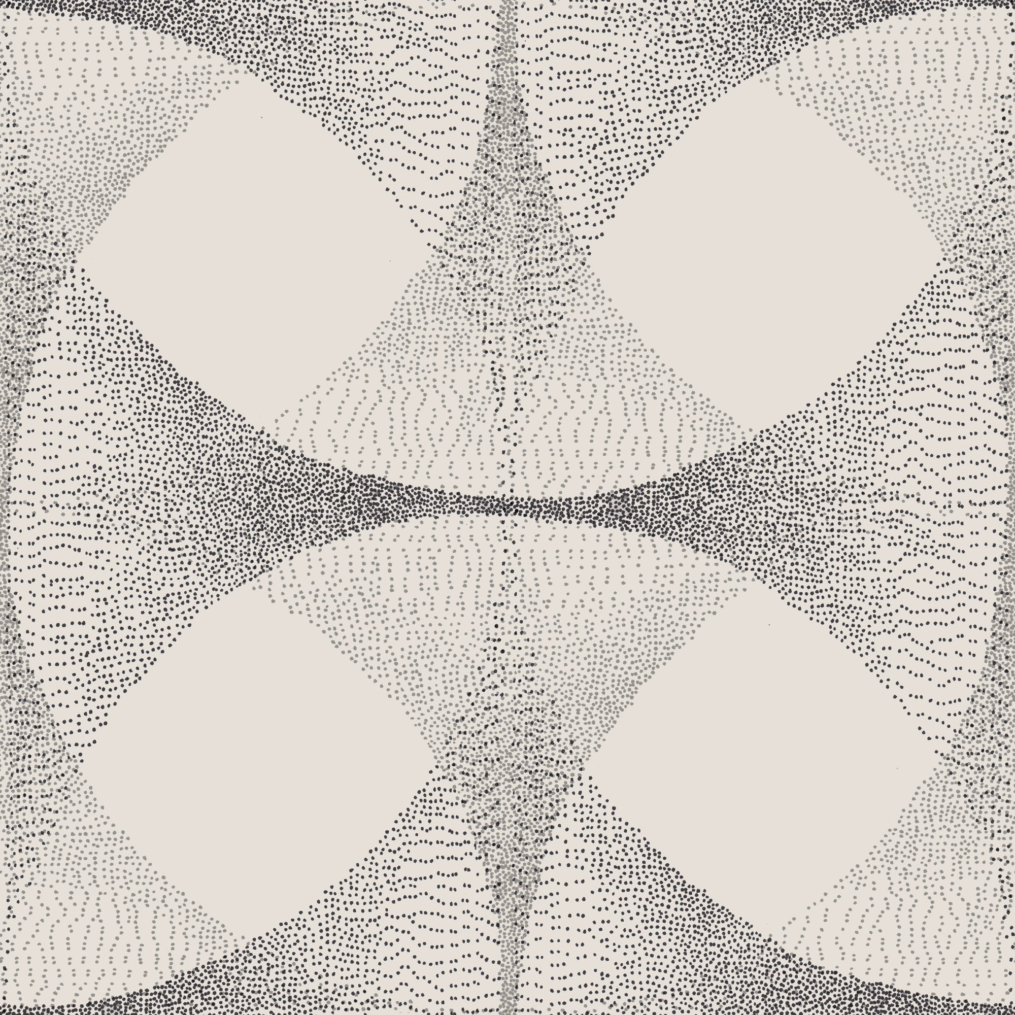 Modern wallpaper with an off-white background and intricate black dot patterns forming interconnected, flowing shapes, creating a soft yet structured abstract design.