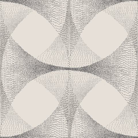 Modern wallpaper with an off-white background and intricate black dot patterns forming interconnected, flowing shapes, creating a soft yet structured abstract design.