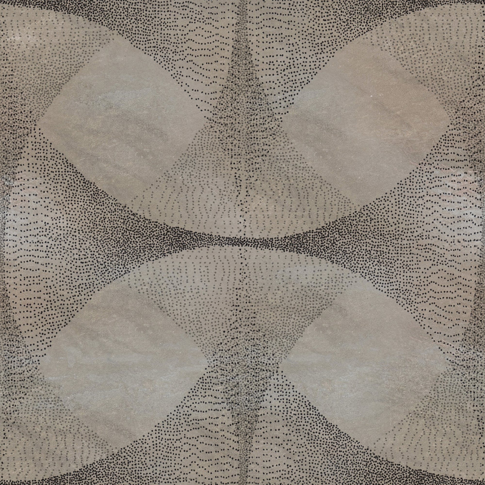 Contemporary wallpaper featuring an earthy taupe background with abstract, curved geometric shapes outlined by delicate black dot patterns, creating a textured and organic visual effect.