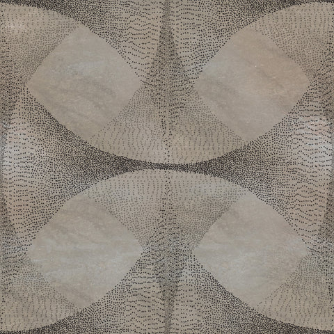 Contemporary wallpaper featuring an earthy taupe background with abstract, curved geometric shapes outlined by delicate black dot patterns, creating a textured and organic visual effect.