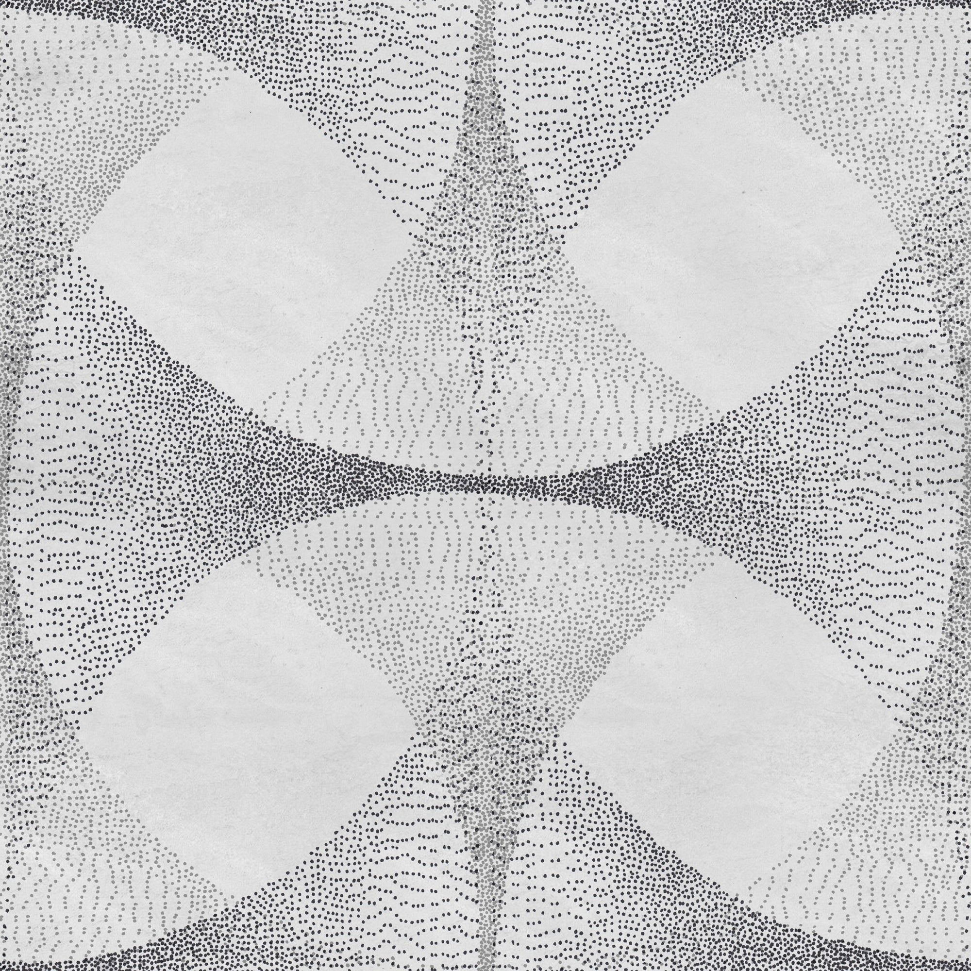 Contemporary wallpaper featuring an grey background with abstract, curved geometric shapes outlined by delicate black dot patterns, creating a textured and organic visual effect.