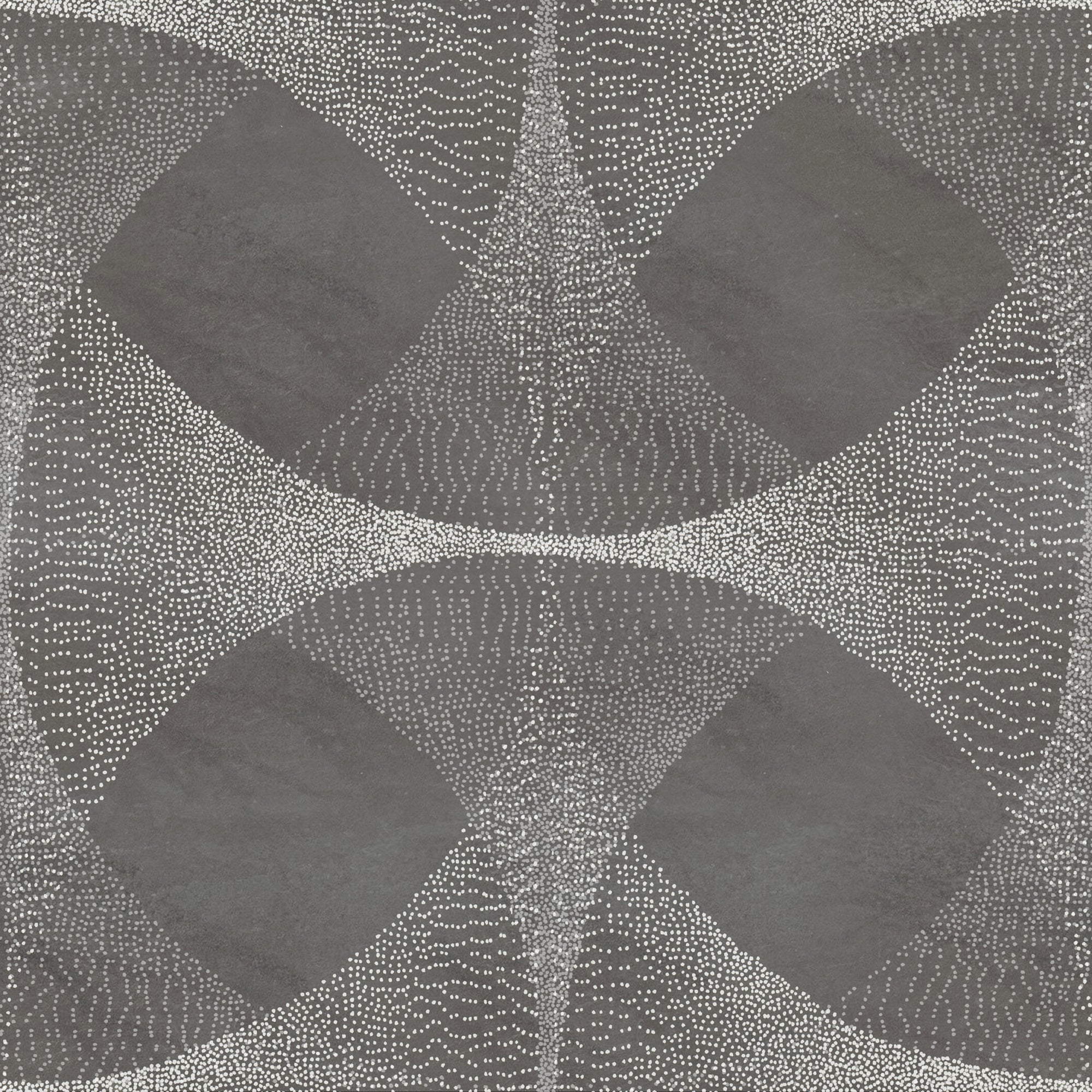 Contemporary wallpaper featuring an dark grey background with abstract, curved geometric shapes outlined by delicate black dot patterns, creating a textured and organic visual effect.