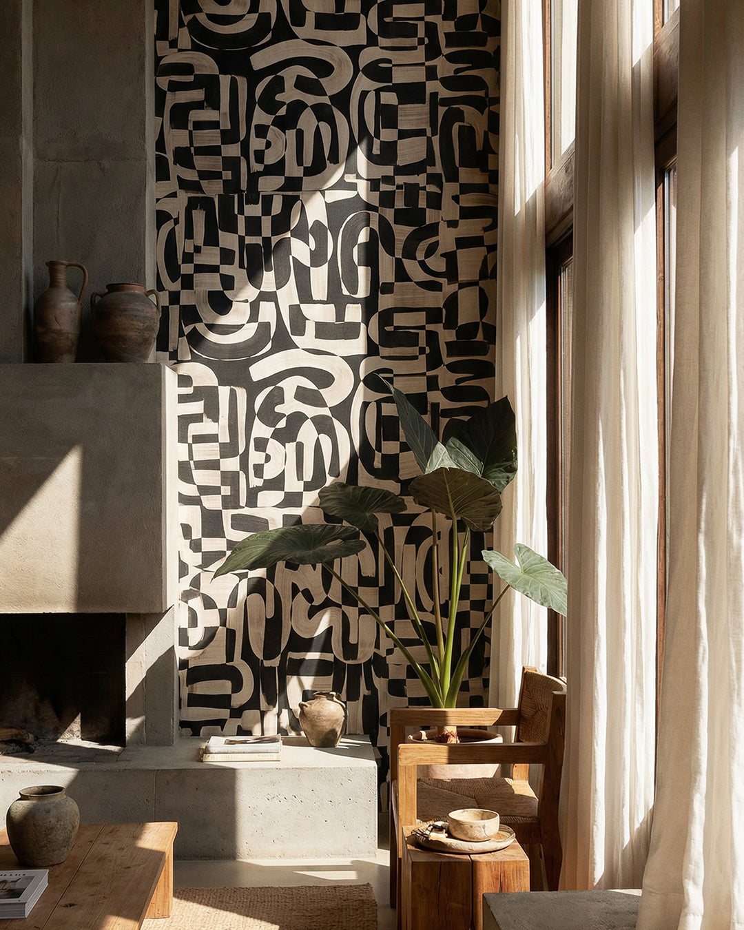 Bold black and cream abstract wallpaper in a warm, sunlit living room with a plaster fireplace, tropical plant, and natural wood accents — Poppy wallpaper