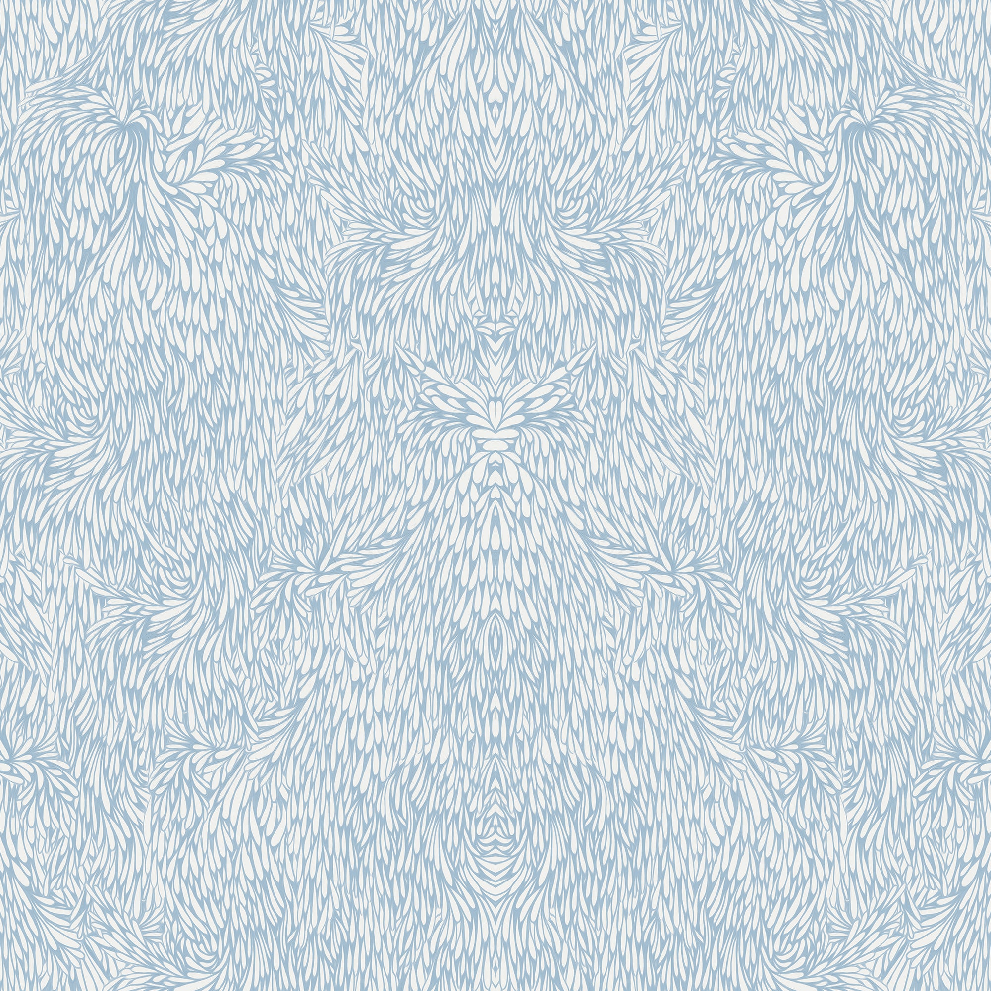 Close-up of an abstract light blue wallpaper with a detailed organic feather-inspired pattern.