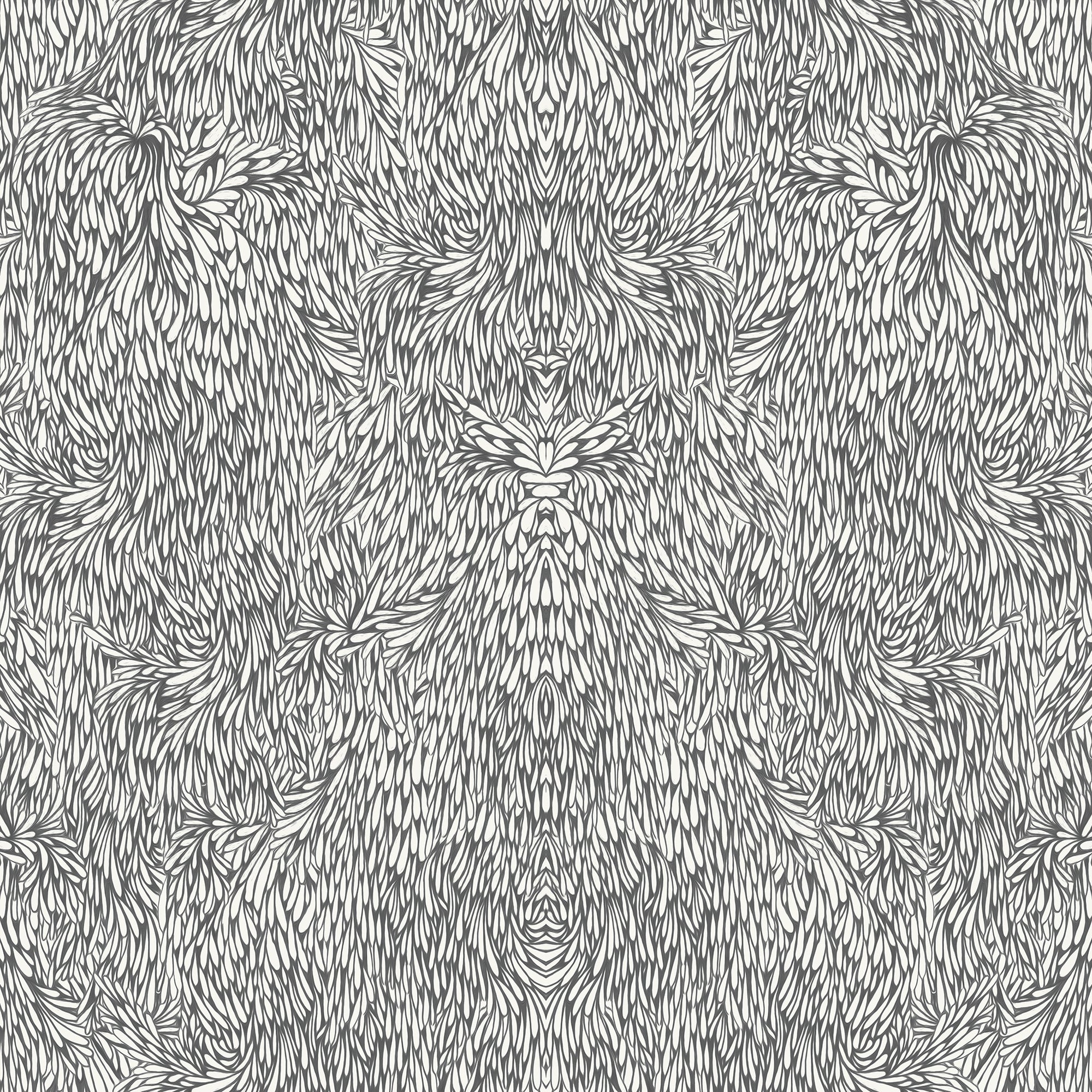 Black and white intricate feather inspired wallpaper pattern, emphasizing fine details and symmetry.