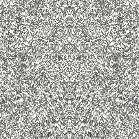Black and white intricate feather inspired wallpaper pattern, emphasizing fine details and symmetry.