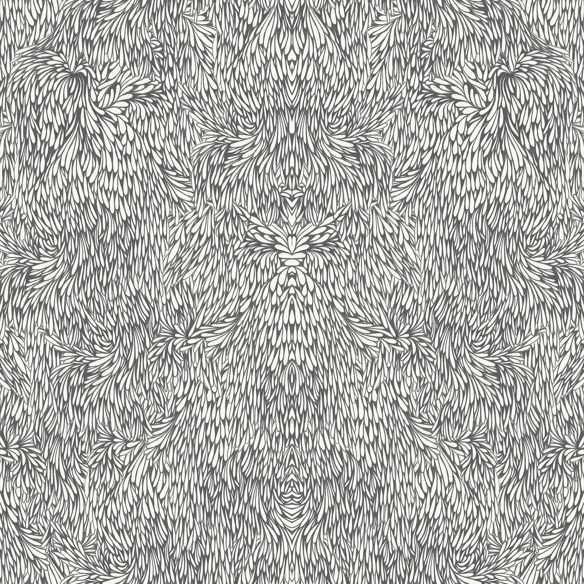 Black and white intricate feather inspired wallpaper pattern, emphasizing fine details and symmetry.