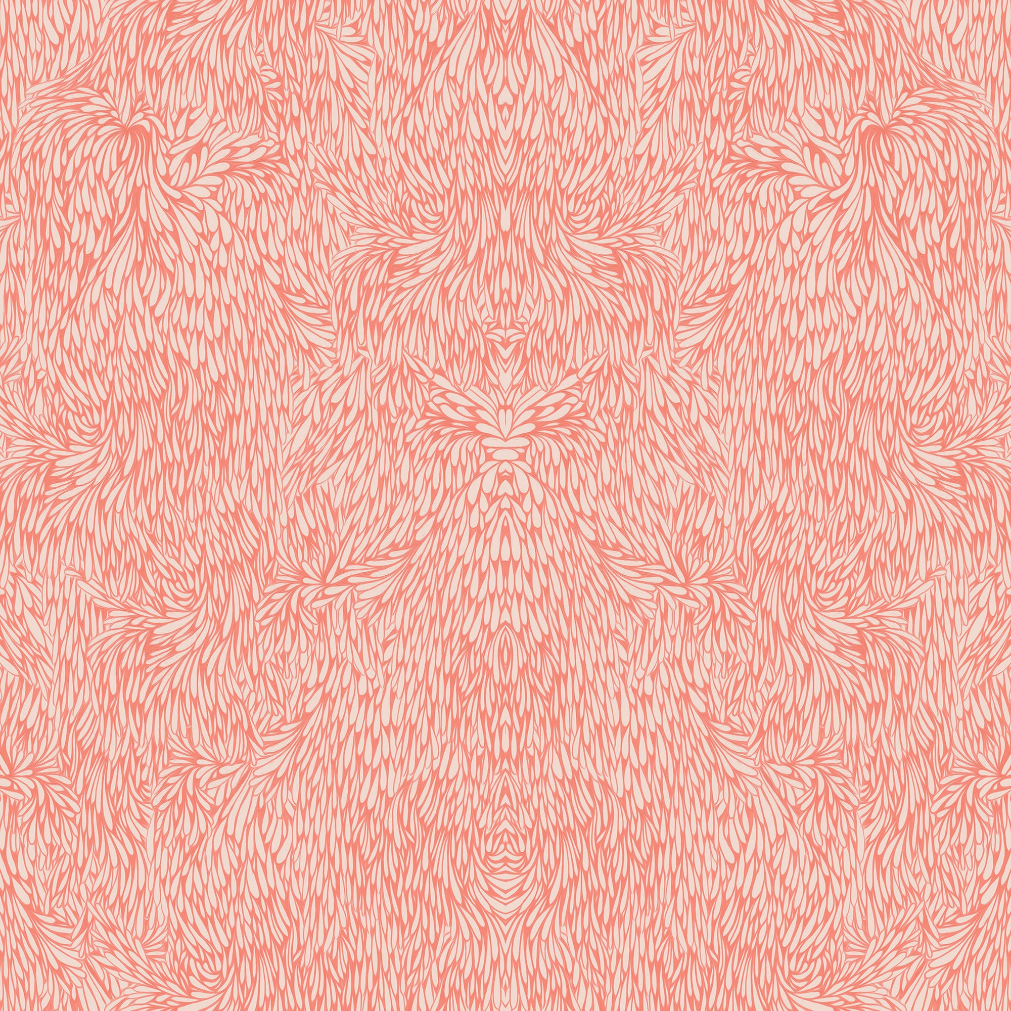 Warm coral colored wallpaper with an intricate feather-like pattern, adding a bold yet organic touch.