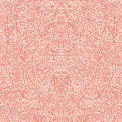 Warm coral colored wallpaper with an intricate feather-like pattern, adding a bold yet organic touch.
