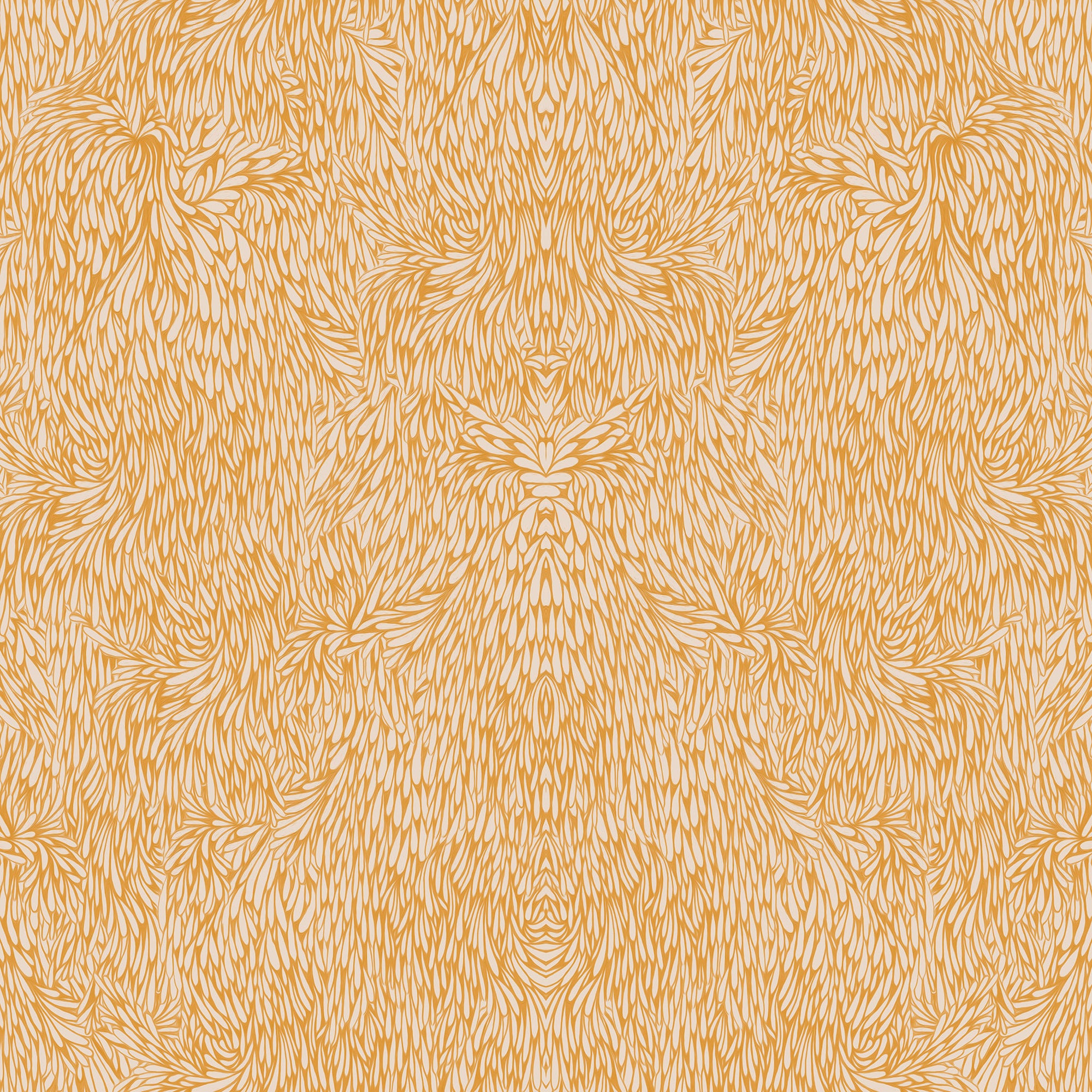Golden yellow wallpaper featuring an elaborate feather-inspired design, bringing warmth and texture.