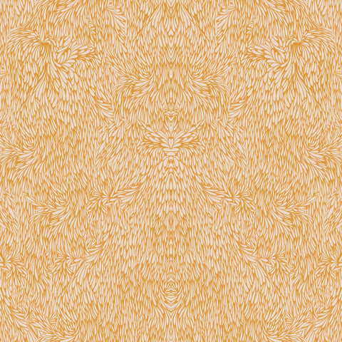 Golden yellow wallpaper featuring an elaborate feather-inspired design, bringing warmth and texture.