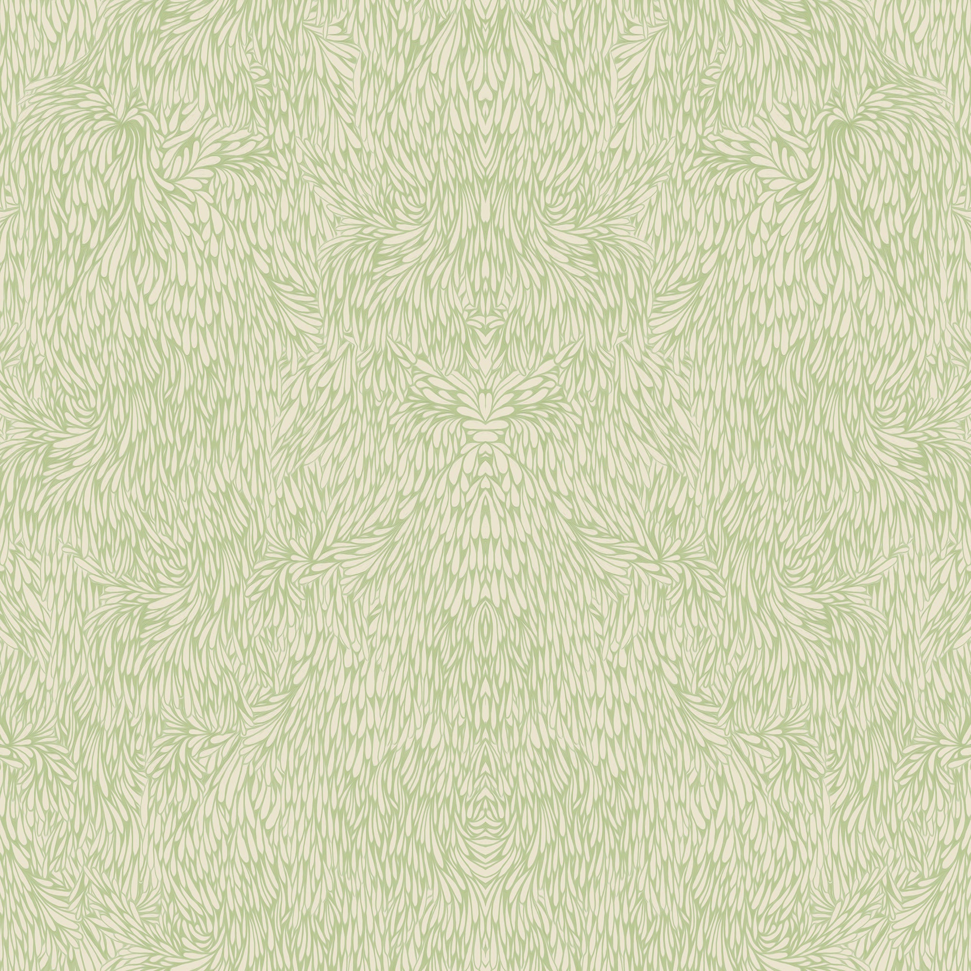 Pale green feather-patterned wallpaper, offering a soft and natural look.