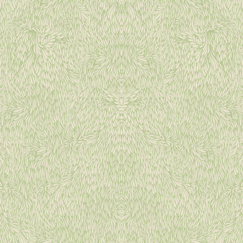 Pale green feather-patterned wallpaper, offering a soft and natural look.