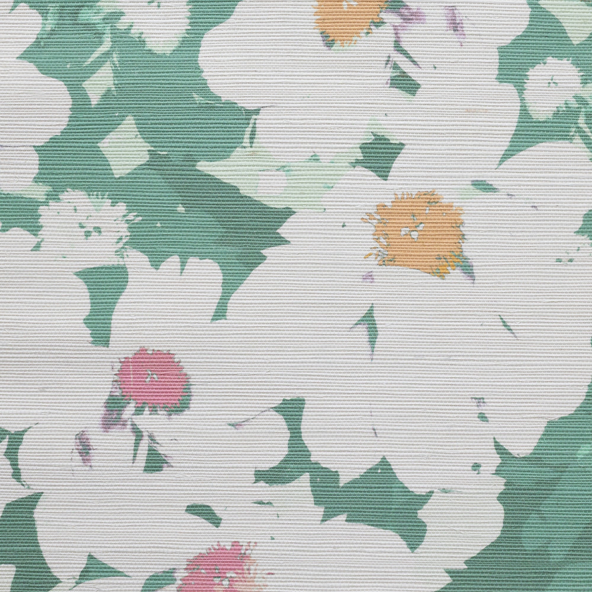 Close up detail photo of sisal grasscloth with colorful abstract flower pattern on a green background